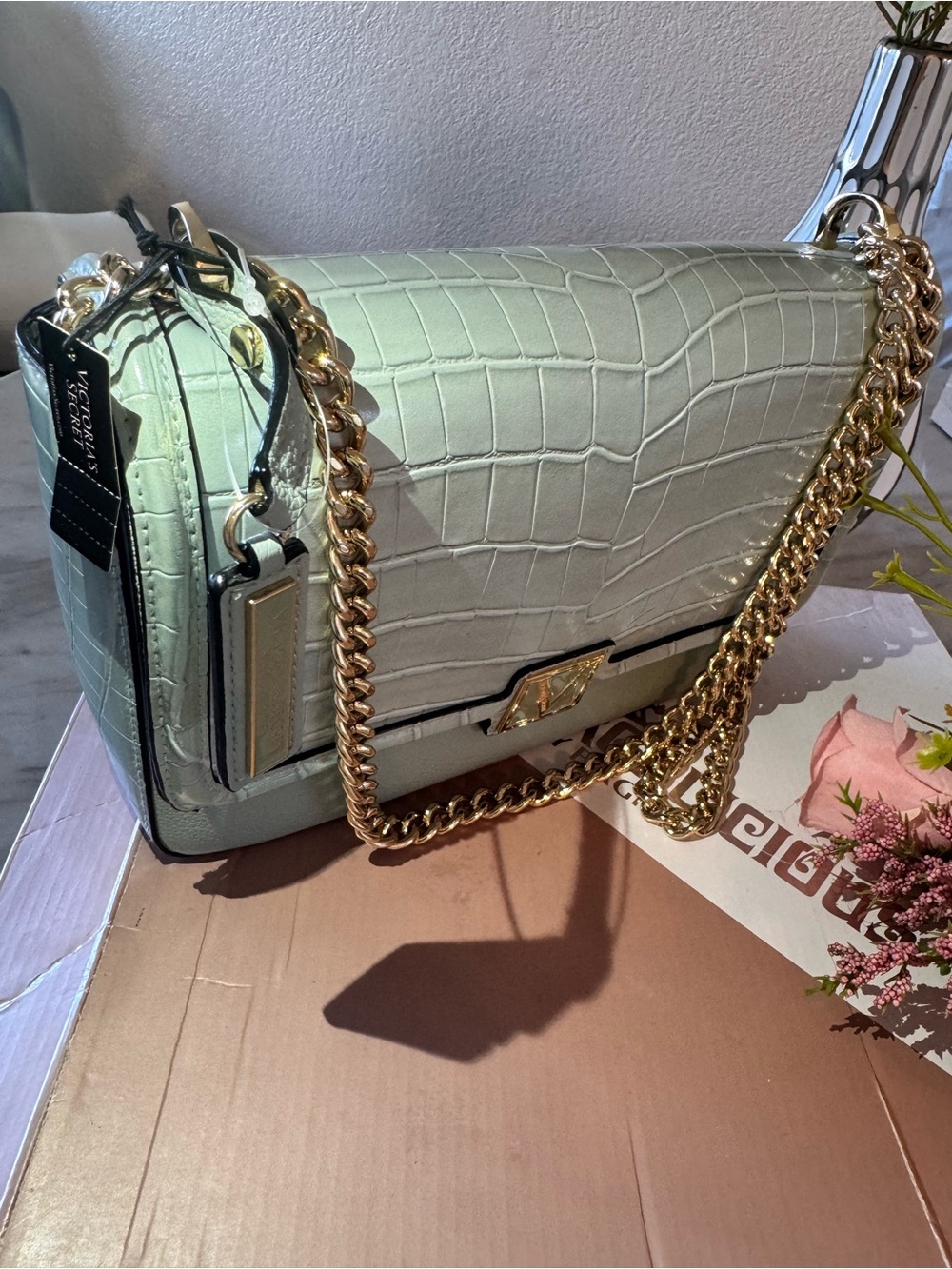 Victoria's Secret Mint Croc-Embossed Shoulder Bag with Gold Chain